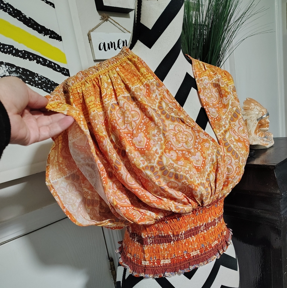 Rachel Zoe Cropped Paisley Orange Top Women's Medium Bohemian Hippie Scandigirl - Picture 2 of 6